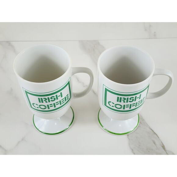 Irish Coffee Mug w/ Recipe Green Clover Pedestal 5" White Porcelain x2 Vintage - Picture 10 of 14